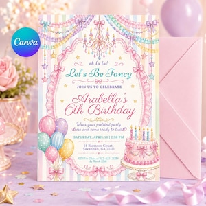 Peut inclure: Une carte d'invitation d'anniversaire avec un fond à rayures pastel, une illustration de lustre central et des bordures à volants roses. Le texte inclut 'Let's Be Fancy', 'Arabella's 6th Birthday', les détails et une enveloppe rose.
