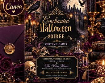 May include: A rectangular invitation card with a dark purple and gold theme featuring a raven, a skull, a masquerade mask, and a gothic mansion under a full moon. The text reads Enchanted Halloween Soiree, Costume Party, Saturday, October 30, 2027, 7:30 PM - 11:30 PM, The Velvet Manor, 87 Hollow Ridge Road, Hartford, CT 06106, Best Costume Prize, RSVP to Camille: 535-341-6688.