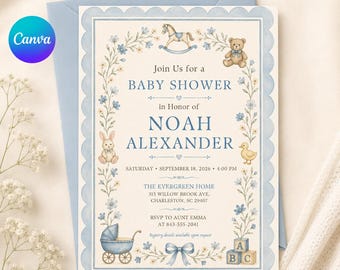 May include: A rectangular baby shower invitation card with a scalloped blue border, featuring watercolor illustrations of a rocking horse, teddy bear, rabbit, duck, baby carriage, and alphabet blocks, with text detailing the event for Noah Alexander.
