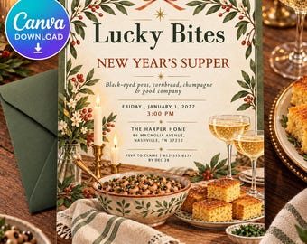New Year's Day Dinner Invitation | Black Eyed Peas & Cornbread | Rustic Botanical Supper | Editable Template