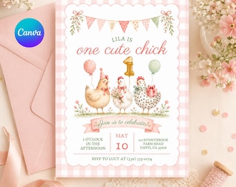 May include: A rectangular birthday invitation card with a pink gingham border. It features three illustrated chickens, a gold number one balloon, and bunting. Text reads: LILA IS one cute chick, Join us to celebrate, MAY 10, 2 O'CLOCK IN THE AFTERNOON, 212 SUNNYBROOK FARM ROAD, DAVIS, CA 95616, RSVP TO LUCY AT (530) 555-0174.