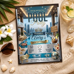 Peut inclure: Une carte d'invitation rectangulaire pour une fête à la piscine avec une scène de piscine de luxe, un flamant rose doré, une noix de coco et le texte : You're invited to a Pool Party to celebrate Avery's 11th Birthday, 28 juillet 2026, 15h-19h.