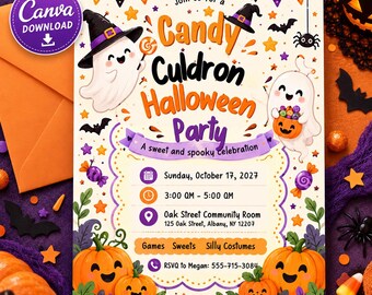 May include: A Halloween party invitation card featuring two ghosts, pumpkins, and bats. The text reads: Join us for a Candy Culdron Halloween Party, A sweet and spooky celebration, Sunday, October 17, 2027, 3:00 PM - 5:00 PM, Oak Street Community Room, 125 Oak Street, Albany, NY 12207.
