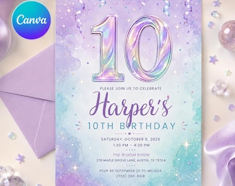 May include: A rectangular birthday invitation card featuring a watercolor background in shades of purple and teal with iridescent number 10 at the top. The text reads: Please join us to celebrate Harper's 10th birthday, Saturday, October 5, 2026, 1:30 PM - 4:30 PM, The Bloom Room, 276 Maple Grove Lane, Austin, TX 78704, RSVP by September 25 to Melissa (555) 290-6418.