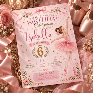Peut inclure: Une carte d'invitation d'anniversaire rose avec une ballerine en tutu, des motifs floraux et des étoiles dorées. Le texte indique : Please join us for a birthday celebration, Isabella is turning 6, Saturday April 18, 2026, 1:30 PM to 4:00 PM, Pirouette Dance Studio, 52 Swan Lake Ave, Irvine, CA 92618, et les détails RSVP.