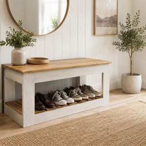 Wooden Entryway Bench Display, Shoe Bench Digital Product Photo Mockup, Farmhouse Storage Bench Mockup, Furniture Etsy Listing Image