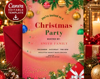 Christmas Party Invitation Template | Editable Canva Holiday Invite | Red Green Gold Ornaments | Printable Digital Download