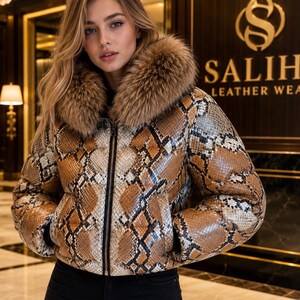 Women’s Python Print Leather Puffer Jacket with Faux Fur Collar – Brown Snakeskin Winter Bomber Jacket – Luxury Statement Coat