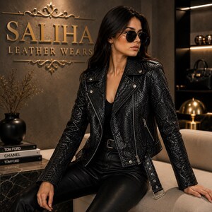 Chaqueta de moto de piel negra con relieve de pitón para mujer / Chaqueta de moto de piel auténtica hecha a mano / Abrigo de moto de lujo con estampado de serpiente