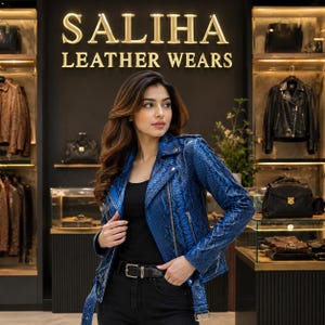 May include: A blue leather motorcycle jacket with a black snakeskin pattern, featuring silver-tone metal zippers, a notched lapel, and a matching belt at the waist. The jacket is worn over a black top and black pants with a black leather belt.