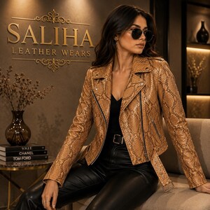 Veste de motard en cuir tanné à motif python pour femme | Veste de motard en cuir véritable faite main | Manteau de moto de luxe imprimé serpent