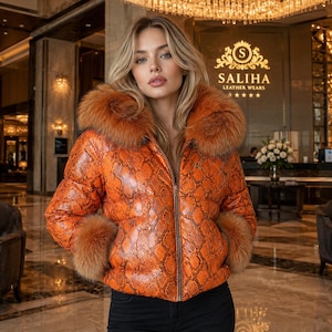 Women's Python Print Puffer leather Jacket, Designer Inspired Luxury Winter Outerwear