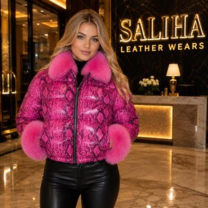Women's Python Print Puffer Leather JacketWith Faux Fur, Designer Inspired Luxury Winter Outerwear