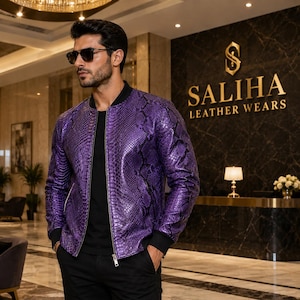 Men's Purple Snakeskin Leather Bomber Jacket | Python Leather Jacket | Luxury Handmade Biker Jacket | Designer Zip-Up Leather Coat for Men