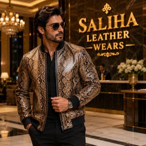 Men's Python Snakeskin Leather Bomber Jacket | Luxury Exotic Leather Zip-Up Jacket | Handmade Designer Fashion Coat | Gift for Him