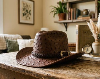 Strauß geprägte Leder Cowboyhut - Handgefertigte echtes Leder Western Ranch Hüte Männer und Frauen