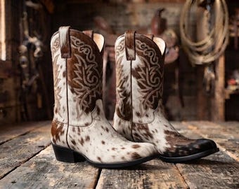 Herren Braun & Weiß Kuh Haar Leder Cowboy Western Cowboy Boots
