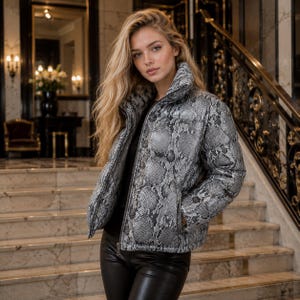 Python Puffer Jacket | Women Python Print Jacket | Python Print Leather
