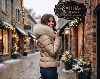 Beige gewatteerd leren pufferjack | Luxe capuchonjas van imitatiebont | Moderne winter-streetwear | Elegante alpine-chique bovenkleding