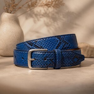 Handmade Python Print Leather Belts | Western Style Silver Buckle | Blue Python Leather Belt | By SALIHALEATHERWEARS