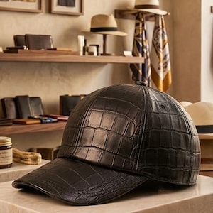 Puede incluir: Una gorra de béisbol negra con un patrón texturizado de piel de cocodrilo. La gorra presenta una corona estructurada y una visera curva, con un acabado brillante que resalta los detalles de escamas en relieve en toda la superficie del accesorio.