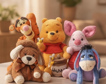 5-in-1 Winnie Pooh Crochet Pattern Bundle PDF | Amigurumi Bear Piglet Eeyore Tiger Dog Plush DIY Toy Pattern