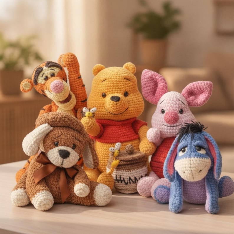 May include: A collection of five crocheted stuffed animals including a yellow bear in a red shirt holding a honey pot, a pink pig, a blue donkey, an orange striped tiger, and a brown dog with a brown ribbon bow around its neck.
