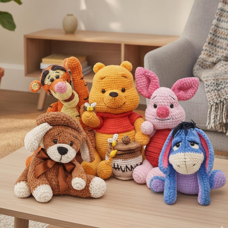 May include: A collection of five crocheted stuffed animals including a yellow bear with a red shirt holding a honey pot, an orange striped tiger, a pink pig, a blue donkey, and a brown dog with a brown ribbon bow around its neck.