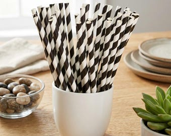 Black White Striped Paper Straws, Biodegradable Party Supplies (100 Pack)