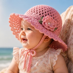 May include: A pink crocheted sun hat featuring a wide, scalloped brim and a decorative crocheted flower with a central pearl accent. The hat includes matching pink chin straps that tie in a bow under the chin, crafted with an open-weave pattern.