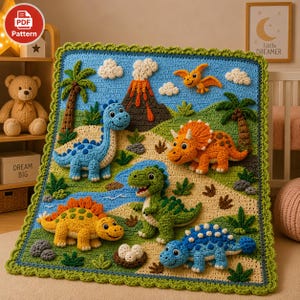 Crochet Dino Blanket Pattern | Dino Adventure Crochet Lovey Pattern PDF | Crochet Applique Pattern | C2C Blanket Pattern | Instant Download