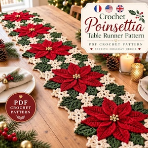 Poinsettia Crochet Table Runner Pattern PDF | Christmas Floral Runner | Holiday Table Decor | Festive Crochet | Visual Steps IMAGES + No AI