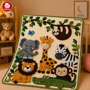 May include: A rectangular crochet blanket featuring a cream-coloured background with a jungle theme. Appliqued animals include a brown sloth, grey elephant, yellow giraffe, black and white zebra, brown lion, brown monkey, and green crocodile.
