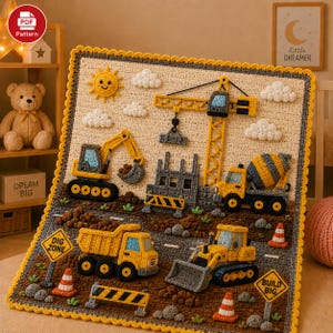 May include: A rectangular crochet wall hanging featuring a construction site scene with yellow excavators, a dump truck, a cement mixer, and a crane. The design includes a smiling sun, white clouds, and yellow traffic signs labeled DIG ZONE and BUILD BIG.
