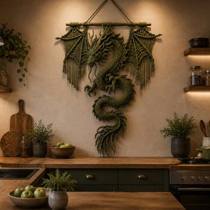 Tapiz de pared de dragón de macramé a crochet / Arte textil de dragón de fantasía / Decoración de pared bohemia grande / Decoración gótica para el hogar / Tapiz de dragón hecho a mano