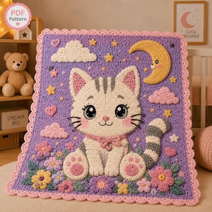 May include: A rectangular crochet blanket featuring a central cream-colored cat with gray stripes, large dark eyes, and a pink bow. The purple background includes a yellow crescent moon, white and pink clouds, yellow stars, and colorful flowers.