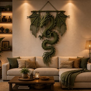 Könnte beinhalten: Ein großer, detailreicher Wandbehang aus olivgrünem Makramee, der einen Drachen mit ausgebreiteten Flügeln und einem langen, gewundenen Körper darstellt. Das Stück hängt an einem horizontalen Holzstab und zeigt komplexe Knoten und Fransen.