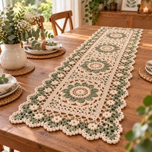 Könnte beinhalten: Ein rechteckiger Häkel-Tischläufer mit einem sich wiederholenden Blumenmuster in Creme, Salbeigrün und Beige. Der Läufer hat einen gewellten Rand und aufwendige Durchbruchmuster und liegt auf einem Holztisch mit passenden Platzsets.