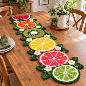 Peut inclure: Un long chemin de table décoratif composé de tranches de fruits crochetées, notamment de la pastèque, de l'orange, du kiwi, du citron, du pamplemousse et du citron vert. Le motif est agrémenté de petites fleurs blanches et de feuilles vertes.