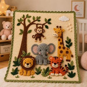 Op de afbeelding: Een crèmekleurige gehaakte deken met een junglethema, voorzien van een bruine boom, een hangende aap, een gele giraf, een grijze olifant, een bruine leeuw en een oranje tijger met zwarte strepen, afgewerkt met een groene schulprand.