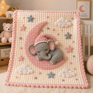 Patrón de manta de bebé a crochet con punto gofre / Patrón fácil de manta de elefante a crochet / Patrón de manta afgana a crochet / Ideal para principiantes