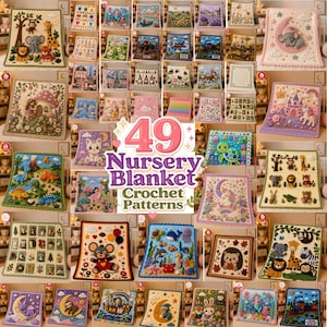 Puede incluir: Una colección de 49 mantas de guardería de ganchillo cuadradas con diversos temas que incluyen animales, criaturas míticas, paisajes y patrones. Cada manta muestra diseños texturizados intrincados con colores vibrantes, bordes decorativos y motivos centrales.