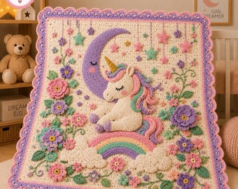 Unicorn Crochet Blanket Pattern | Floral Unicorn Dream Baby Blanket | Crochet Applique | Baby Girl Blanket Pattern PDF | Instant Download