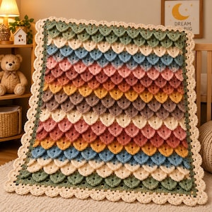 Könnte beinhalten: Eine rechteckige Häkeldecke mit einem strukturierten Krokodil-Stichmuster in horizontalen Reihen aus Grün, Creme, Blau, Rosa, Orange und Gelb. Die Decke ist mit einem dekorativen, cremefarbenen, bogenförmigen Rand versehen.