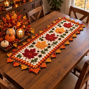 Autumn Crochet Table Runner Pattern PDF | Fall Leaf Table Decor | Thanksgiving Crochet | Farmhouse Autumn Decor  | Visual Steps | NO AI