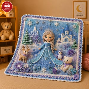 Puede incluir: Un tapiz cuadrado de ganchillo que presenta una muñeca central con cabello trenzado en un vestido azul, rodeada por un paisaje en 3D de un castillo blanco, pinos, un reno, un pingüino y un oso polar, todo acentuado con copos de nieve.