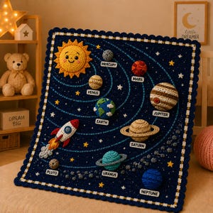 Op de afbeelding: Een donkerblauw gehaakt wandkleed met een zonnestelselontwerp, inclusief een gele zon, een raket en planeten met de labels Mercurius, Venus, Aarde, Mars, Jupiter, Saturnus, Uranus, Neptunus en Pluto, versierd met witte sterren en banen.