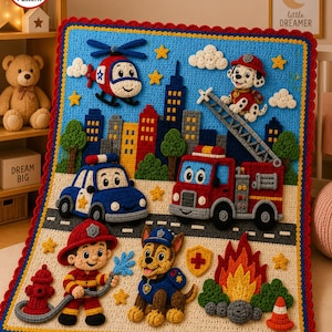 May include: A rectangular crochet blanket featuring a city scene with a red helicopter, a fire truck with a ladder, a blue police car, a firefighter, and two spotted dogs. The design includes a fire hydrant, flames, and yellow stars on a blue sky background.