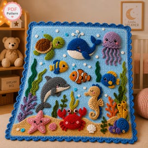 Crochet Ocean Animals Blanket Pattern | Under the Sea Baby Blanket Pattern | Crochet Turtle, Crochet Whale | Ocean Animals Appliqué Blanket