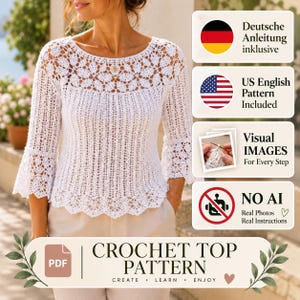 Magnolia Breeze Crochet Top Pattern PDF | Elegant Crochet Blouse Pattern | Bell Sleeve Crochet Top | Women Summer Top | Visual Steps | NO AI